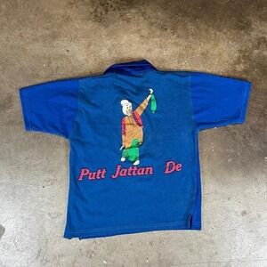 Vintage 80s single stitch blue polo shirt with a back design